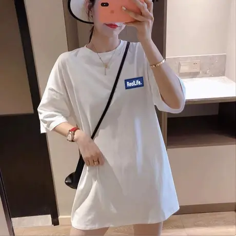 白色短袖t恤女大码体恤春秋内搭打底衫女宽松纯棉半袖中长款上衣商品大图