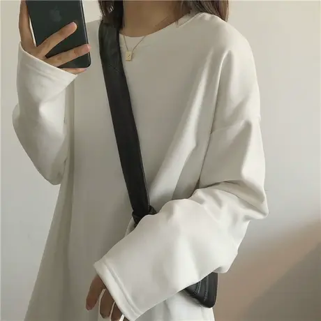 德绒打底衫女叠穿秋冬内搭中长款上衣服宽松百搭圆领纯色加绒加厚商品大图