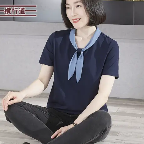 2025夏季新款简约韩版淑女丝巾领撞色宽松短袖T恤外穿上衣服大码商品大图