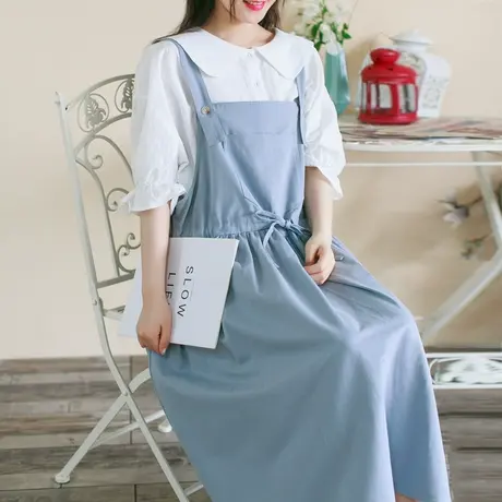 【买一送一】新款复古森系抽绳天青灰背心裙大码纯棉学院风吊带裙商品大图