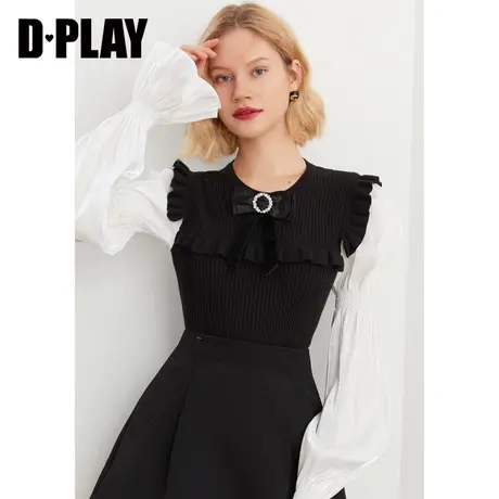 DPLAY秋装新款在逃公主风黑白撞色拼接鎏光纱葫芦袖针织衬衫商品大图