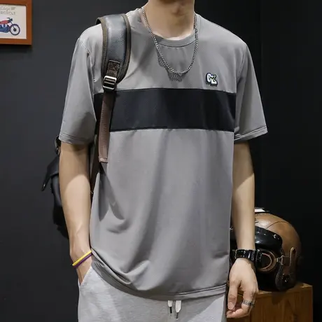 冰丝短袖t恤男拼接ins潮牌胖子大码加肥加大男士速干体恤夏季薄款商品大图