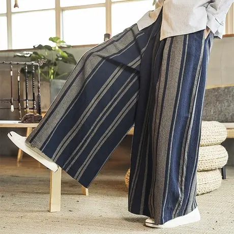 中国风棉麻裤子宽松长裤男条纹阔腿裤青年垂感秋季亚麻直筒大脚裤图片