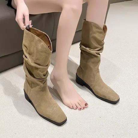 复古绒面靴子女2023新款长靴长筒靴秋冬骑士褶皱牛仔堆堆靴长靴冬商品大图