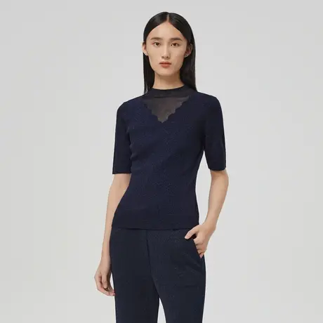 LANCY/朗姿秋季新款短袖羊毛针织衫通勤高级圆领头套衫女装奥莱商品大图