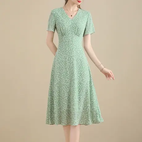 【1件7.9折】夏季新款百搭显瘦V领印花裙时尚中长款短袖连衣裙女商品大图