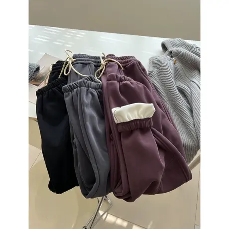 松紧高腰抽绳运动阔腿裤女bf原宿风加绒加厚冬季宽松束脚哈伦卫裤图片
