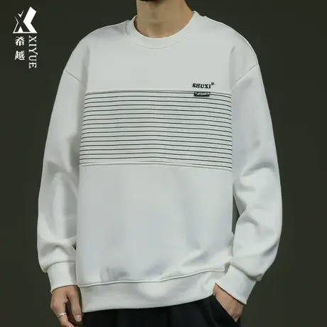 冬季条纹拼接奥粒绒卫衣男2023加绒加厚宽松大码男士打底冬装上衣图片