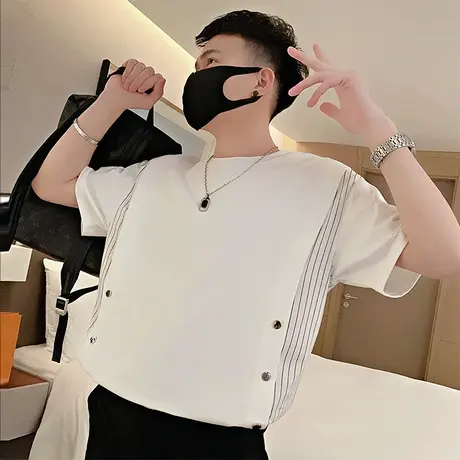 夏季拼接T恤男潮牌排扣短袖2023新款男装个性夏装半截袖ins半袖商品大图