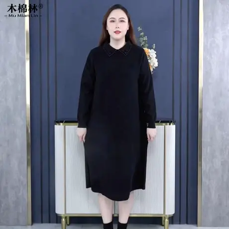 加肥加大洋气百搭黑色长袖连衣裙春秋保暖翻领显瘦妈妈过膝打底裙商品大图