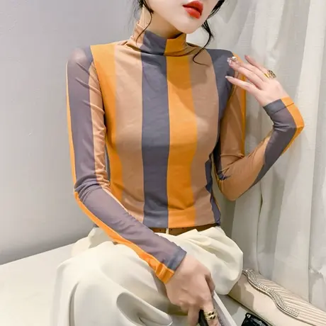 欧货女装时尚撞色长袖打底衫加绒加厚气质减龄套头上衣女修身T恤商品大图