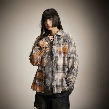 复古做旧拼接格子衬衫女春秋2024新款美式潮牌设计感宽松小众衬衣图片