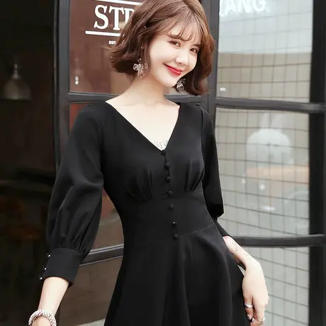 黑色晚礼服裙女宴会高贵v领小礼服赫本风气质名媛显瘦连衣裙短款商品大图