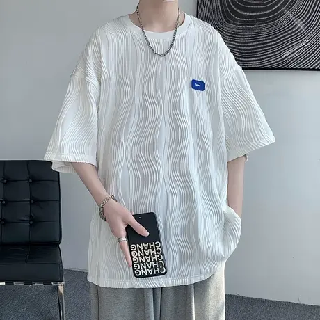 高级感冰丝短袖t恤男设计感小众坑条夏季垂感宽松纯色贴标五分袖商品大图