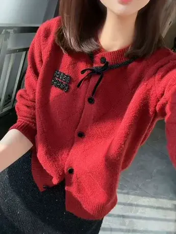 红色休闲针织开衫毛衣外套女秋冬2023新款爆款高级感超好看的上衣商品大图