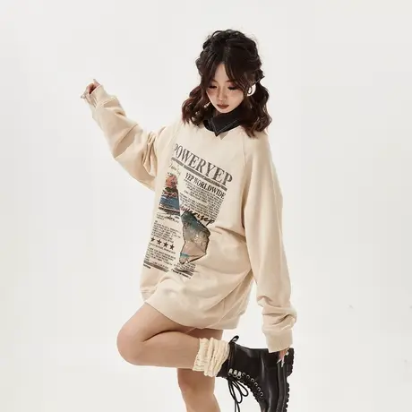 YEP做旧印花圆领卫衣女春秋2024年新款复古宽松oversize无帽上衣商品大图