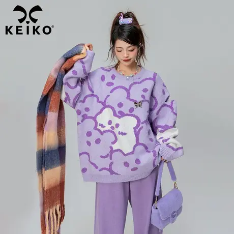 KEIKO 紫色卡通提花毛衣女加厚2024春季日系慵懒宽松套头针织上衣商品大图