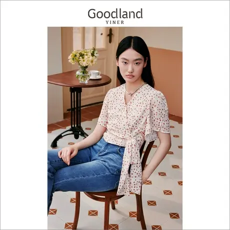 【弥勒城堡】Goodland美地女装2023夏季V领复古衬衫收腰印花商品大图
