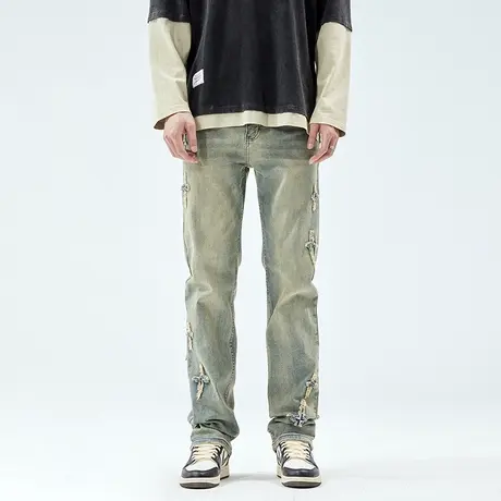 微喇复古破洞牛仔裤男潮牌春秋季休闲高个子加长版大码直筒裤子商品大图