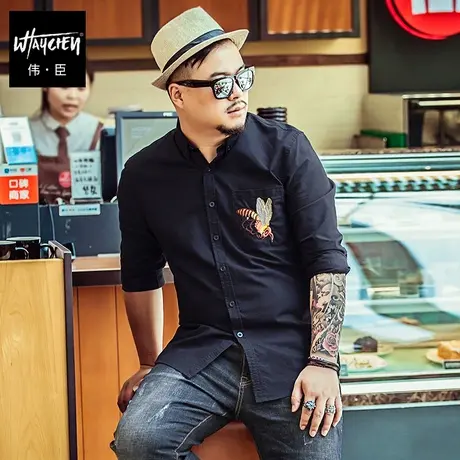 伟臣大码长袖衬衫男肥佬刺绣牛津纺衬衣加肥加大男装全棉潮男春装图片