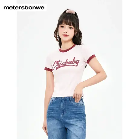 短袖重磅t恤女士2023短款甜美字母印花学院紧身打底上衣港味内搭商品大图
