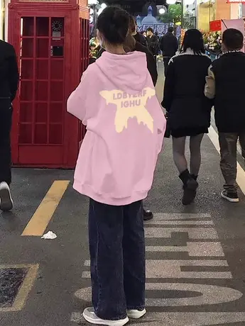 粉色连帽卫衣女小个子春秋2024薄款宽松慵懒风小众设计感外套上衣图片