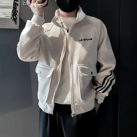 立领夹克男春季新款潮牌韩版休闲褂子青年百搭条纹工装外套上衣商品大图