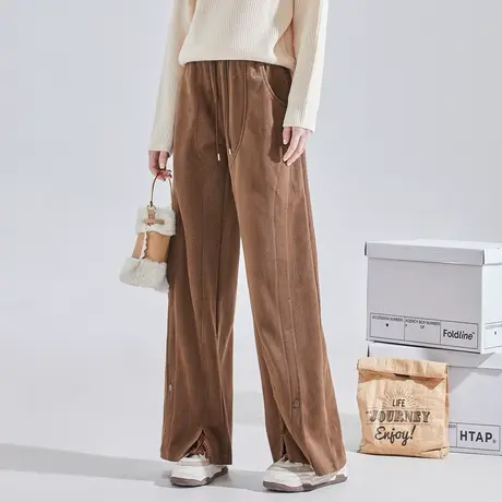 唐狮灯芯绒阔腿裤女2024春秋新款开叉休闲长裤宽松高腰裤子2.19图片