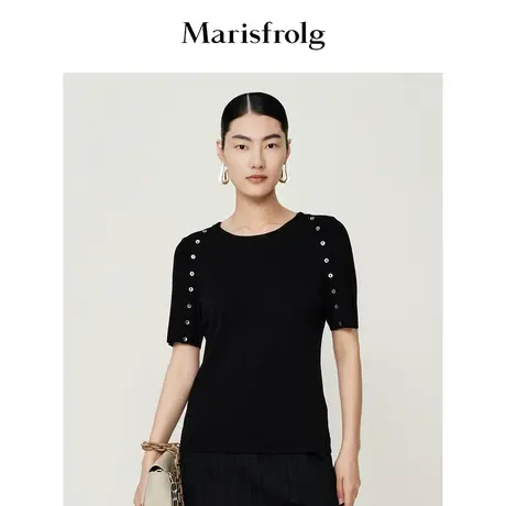 【商场同款】玛丝菲尔2023年夏季新款黑色插肩袖小众设计针织上衣商品大图
