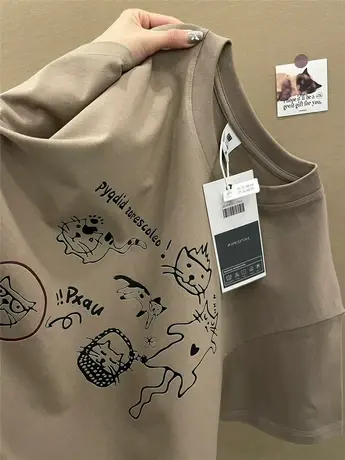 卡其色纯棉圆领短袖t恤女春夏季设计感小众美式复古情侣半袖上衣商品大图