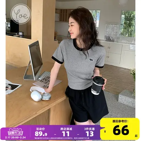 yoe刺绣小狗短袖t恤女上衣灰色夏季新款小个子正肩修身休闲小个子图片