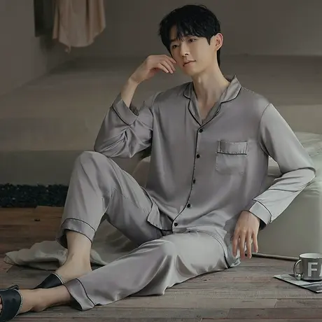 春秋冰丝睡衣男士2024新款长袖套装夏天简约大码可外穿丝绸家居服商品大图