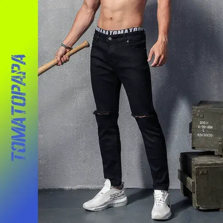 TOMATOPAPA欧美原创简约膝盖破洞牛仔裤男修身一字刮烂黑色休闲裤商品大图