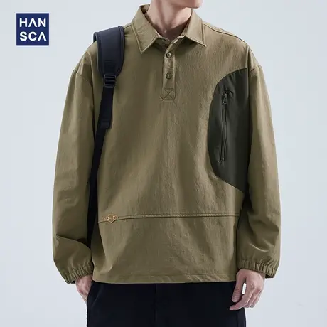 hansca日系工装撞色POLO衫秋季美式复古潮流翻领休闲长袖衬衫外套图片