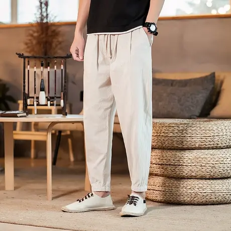 夏季中国风亚麻裤男薄款宽松休闲裤哈伦裤九分裤棉麻灯笼裤子男士商品大图