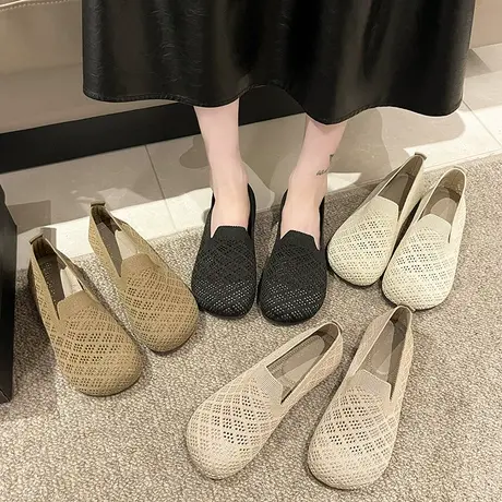 软底渔夫鞋女夏季新款复古百搭镂空浅口豆豆鞋飞织一脚蹬奶奶鞋子商品大图