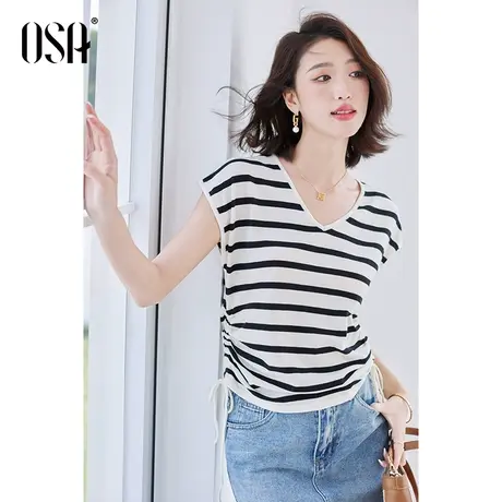 OSA欧莎黑白条纹V领收腰t恤女夏季2023年新款凉感显瘦上衣薄体恤图片