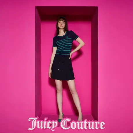 Juicy Couture橘滋女装新款低调学院风绣花撞色条纹短袖女针织衫商品大图