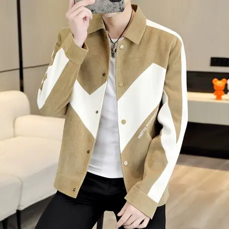 痞帅气拼接撞色翻领夹克男潮流韩版时尚上衣褂子春秋装灯芯绒外套商品大图