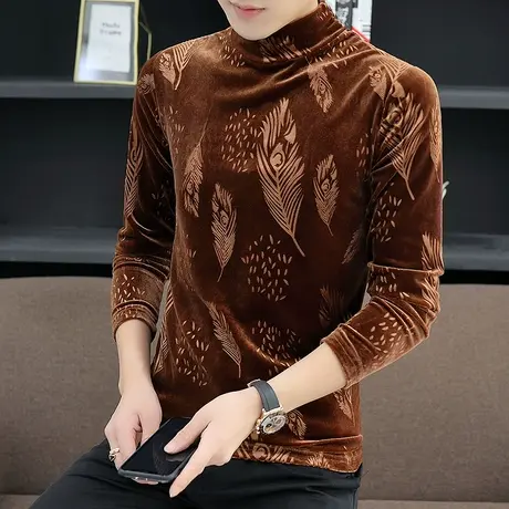 冬季男士金丝绒长袖t恤加厚高领2023新款冬装打底衫保暖衣服潮男商品大图