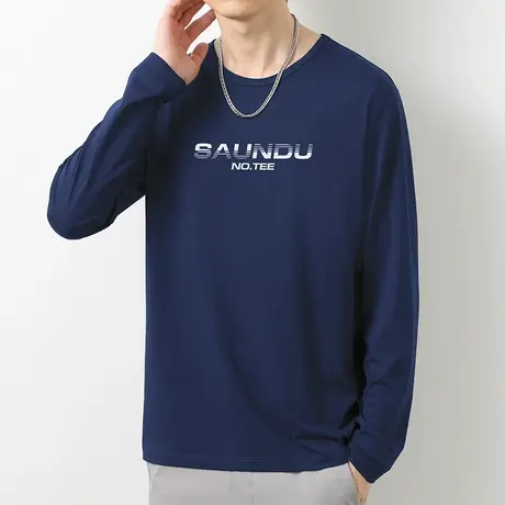 莫代尔长袖t恤男装圆领上衣服秋季潮流内搭打底衫字母印花体恤衫商品大图