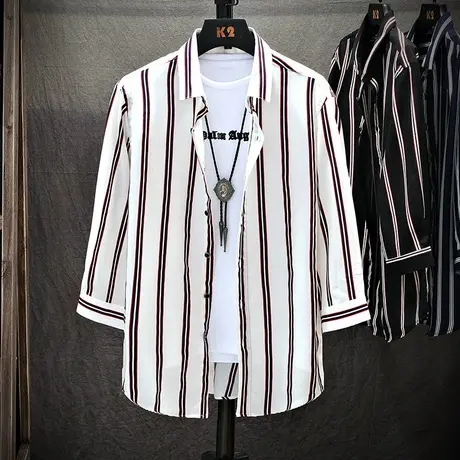 条纹衬衫男夏季七分袖中袖衬衣短袖宽松五分夏装上衣外套潮流寸衫商品大图