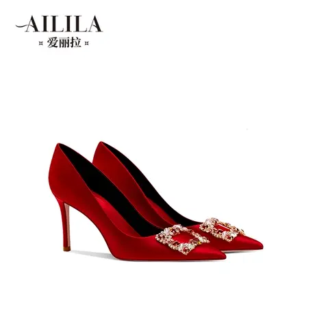 爱丽拉红色绸缎结婚鞋女2023新款秀禾新娘水晶高跟鞋敬酒鞋高级感商品大图