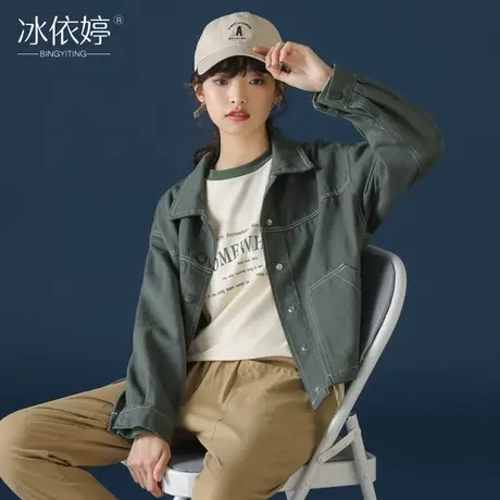 设计感小众牛仔外套女宽松春秋韩版百搭军绿色工装潮流按扣上衣潮图片