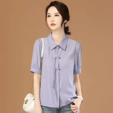韩潮袭人高级感休闲紫色短袖衬衣2023夏季新款女士衬衫设计感小众图片