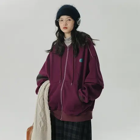 omont蛋挞家 连帽拉链加绒卫衣女秋冬新款复古宽松慵懒风外套上衣商品大图