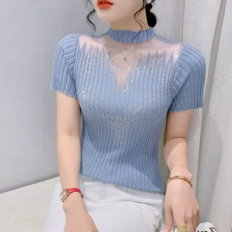 性感网纱拼接T恤女短袖时尚洋气烫钻上衣紧身烫钻针织小衫夏装ins商品大图