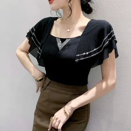性感网纱小衫女短袖时尚设计感荷叶边T恤气质方领修身显瘦上衣夏商品大图