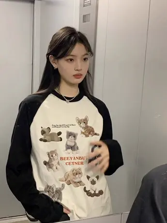 美式复古t恤女长袖2023新款秋冬插肩宽松打底衫内搭圆领纯棉上衣商品大图