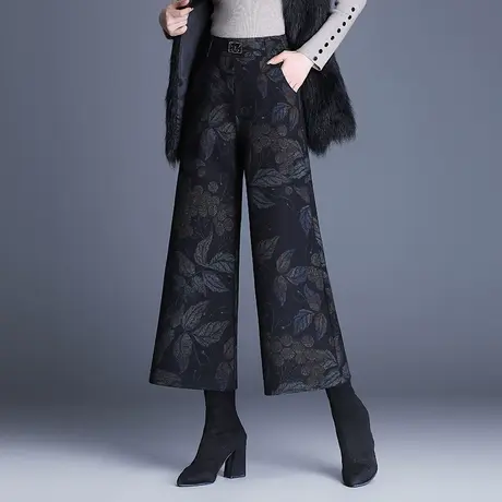 2023秋冬新款叶子花九分裤女高腰宽松垂坠感毛呢阔腿裤气质休闲裤商品大图